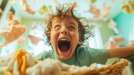 A joyful child exuberantly screams with delight as clothes fly around the room, showcasing carefree innocence and the wonder of childhood in a vibrant atmosphere.