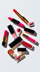 Obraz premium A scattered arrangement of various shades of pink and red lipsticks, lip glosses, and a blush compact, cast against a bright white background with dramatic shadows