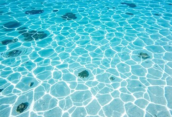 Obraz premium Crystal-clear shallow ocean water, sandy seabed, ample copy space, texture, drone