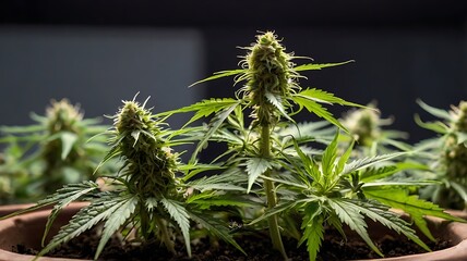 Close-up macro of cannabis plant buds, with vibrant green leaves and developing flowers