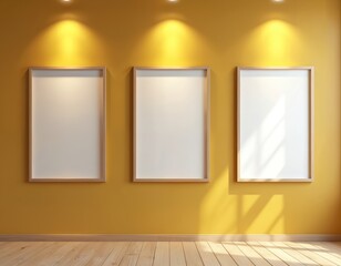 Three blank frames on mustard yellow wall with wooden floor. Gallery mockup space for art, photo, posters, prints. Modern interior design, gallery presentation.