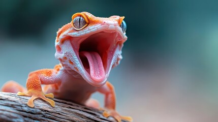 A close-up of a colorful gecko exhibiting a playful expression with its mouth wide open, revealing its playful and curious nature in a striking, vibrant manner.