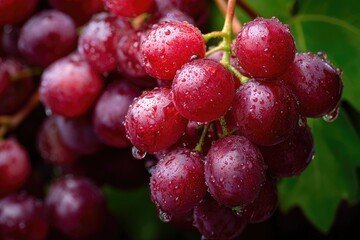 Close-up view of a bunch of red grapes covered in water droplets.