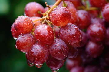 Close-up of a bunch of red grapes covered in water droplets.