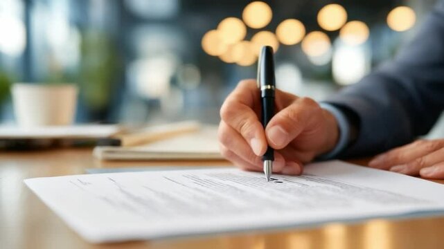 Signing the Agreement: A close-up shot captures a hand elegantly signing a legal document with a sleek pen, symbolizing commitment, contract, and the finalization of a deal.