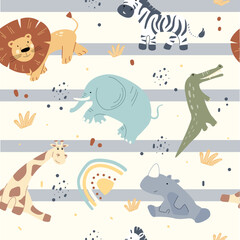 Colorful safari animals come to life in this textile pattern ideal for kids. Featuring lions, elephants, zebras, and more, it adds a vibrant touch to any child's room or clothing.