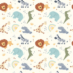 Colorful safari animals pattern showcases playful lions, zebras, and hippos against a light background, perfect for children's textiles and room decor. Ideal for adding excitement to any space.