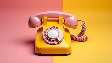 Retro yellow and pink rotary phone on a two tone background
