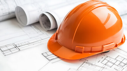 Hard hat and construction plans symbolize safety and precision in building projects. Essential for protecting workers and guiding construction.