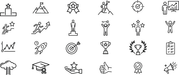 Achievement and success liner art icon set. Containing collection of goal, success, achievement, winner icon vector