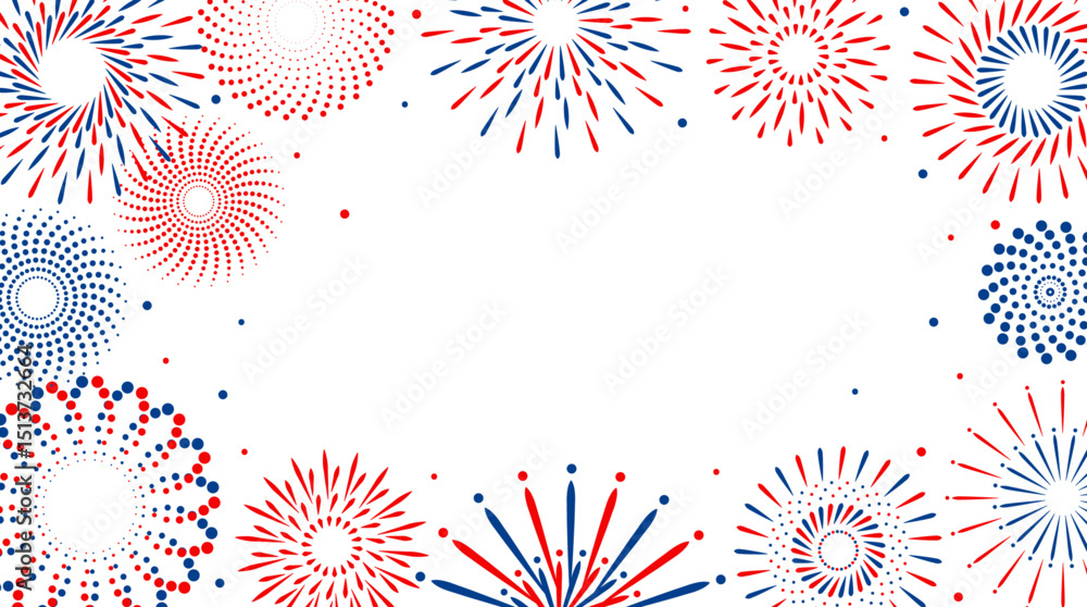 Poster Firework vector icons set isolated on transparent background with copy space. Celebrate 4th of July banner. Red, blue, white usa flag color firework border, firecracker frame.