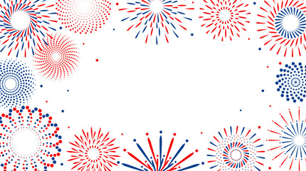Firework vector icons set isolated on transparent background with copy space. Celebrate 4th of July banner. Red, blue, white usa flag color firework border, firecracker frame.