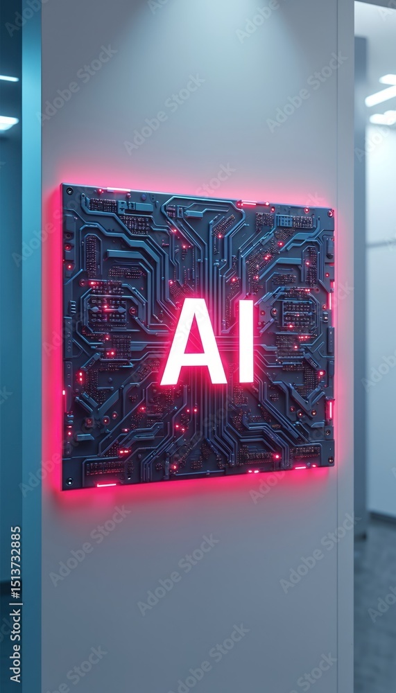 Aufkleber ai sign illuminates circuit board mounted on wall. red neon glow against dark tech background. intel