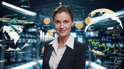 Confident businesswoman analyzing global data with futuristic technology interface - Powered by Adobe