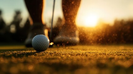 A golfer poised to take a shot on the green, with a ball in focus and a glowing sunset in the background, showcasing the dedication and passion for the sport of golf.
