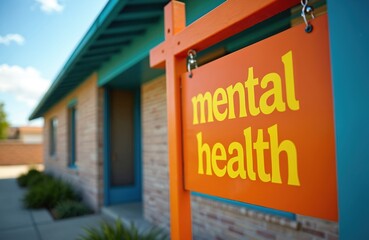 Obraz premium Bright sign displaying Mental Health in front of community center. Focus on mental wellness, awareness programs, support groups. Symbol of mental health care access, counseling services available,