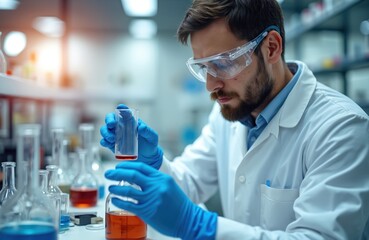Technician analyzes oil sample in laboratory. Male scientist wears lab coat, safety goggles. Crude oil testing, quality control, fuel research in modern industrial gas testing lab.