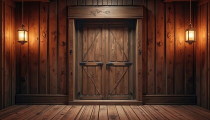 Old wooden door rustic room floor. Wild West saloon stage, warm, cozy. Aged, weathered appearance. Flickering lanterns on walls, rustic beams, creating warm glow ambience. Interior design concept.