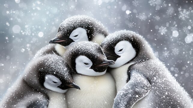 Four penguin chicks huddled together in a snowy landscape
