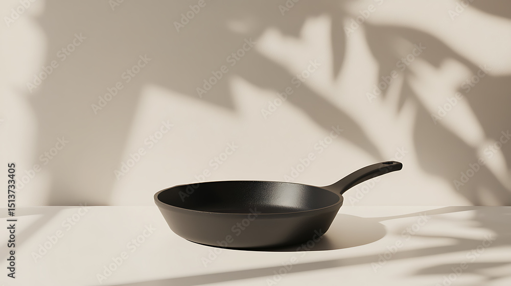 Aufkleber sleek dark frying pan on a white surface with a subtle leaf shadow in the background, creating a cle