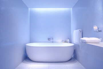 serene wellness tech bathroom featuring modern bathtub smart gadgets and soft lighting