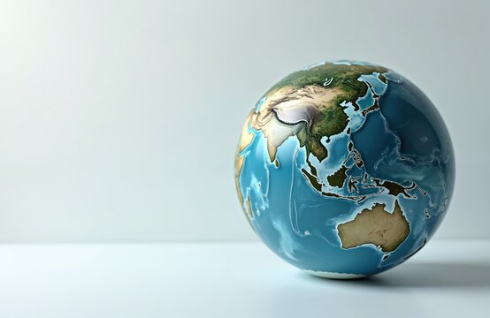 Earth globe showing Asia Australia continents on white background. International travel, climate change, ecology, geography concepts. World map globe with blue ocean and green land.