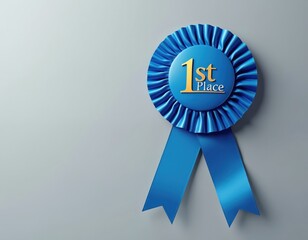 Blue rosette on grey background symbolizes first place achievement. Award represents success, victory, quality, best champion winner. Reward, celebration, emblem, trophy, badge, gift, goal concept.