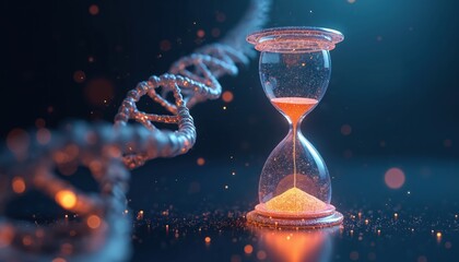 Illustration features glowing DNA strand, hourglass against dark blue background. Conceptual image life expectancy, scientific innovation, tech progress, medical research, future of longevity. Neon