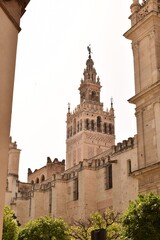 La Giralda, the bell tower of Seville Cathedral in Spain. Architectural landmark combining Moorish and Renaissance styles.