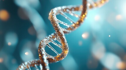 An intricate close-up of a DNA double helix spiraling against a soft blue backdrop, showcasing the beauty of biological structure and the essence of life at a molecular level.