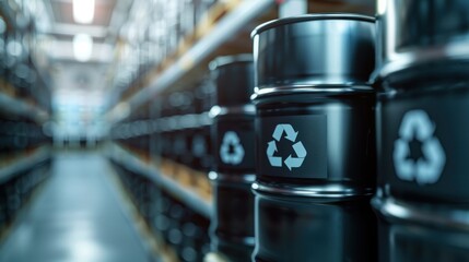 This image features a well-organized warehouse filled with black recycling containers, emphasizing commitment to sustainability and environmental stewardship in commercial spaces.