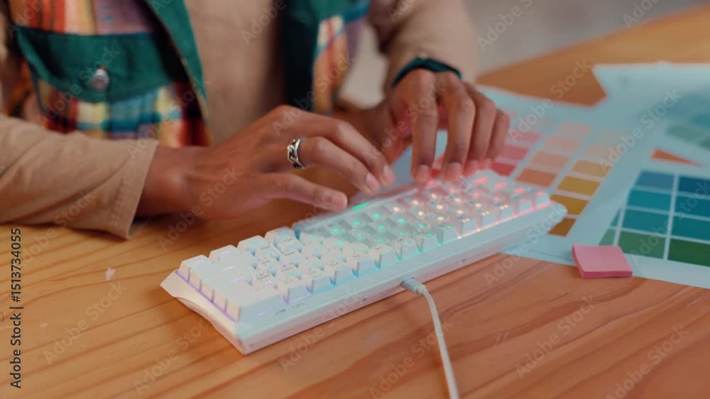 Poster color swatch, hands and typing on keyboard in office, software navigation or online for creativity. 