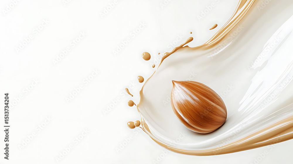 Poster creamy delight: a nut is gracefully caught in a splash of white and tan liquid, creating a visually 