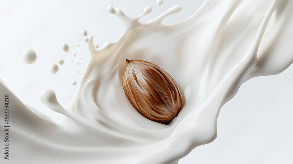 Poster nut splashing into creamy liquid: a striking image of a nut falling into a splash of white, creating