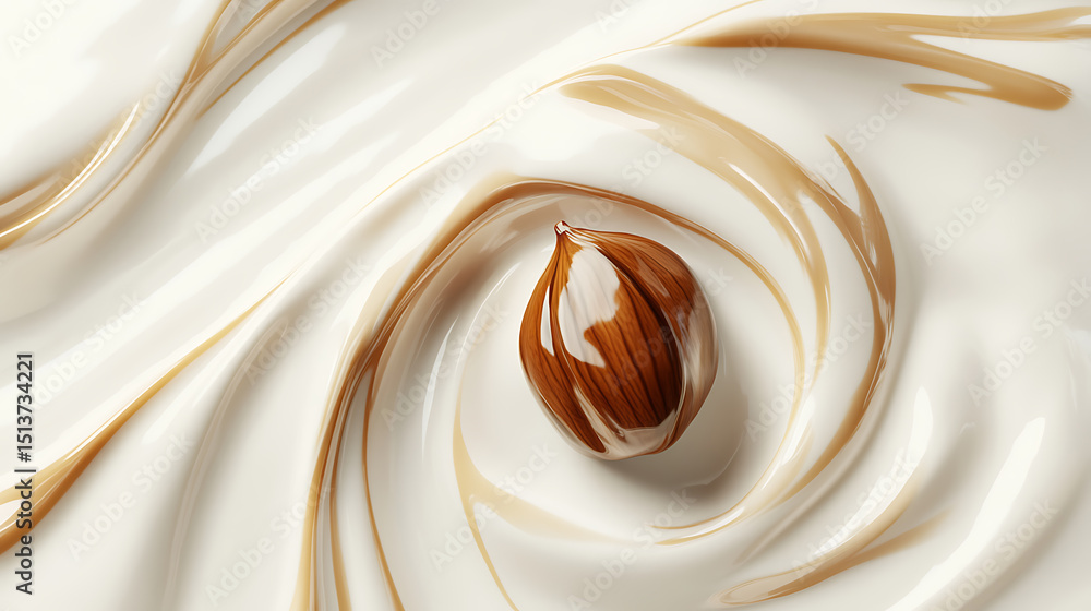 Poster a brown nut is centrally positioned atop a swirl of creamy liquid, accented with streams of caramel,