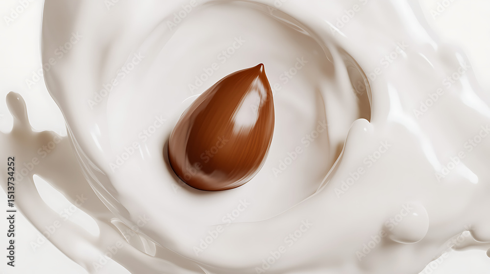 Poster chocolate drop in flowing white liquid, creating a dynamic swirl. rich, smooth texture in minimalist