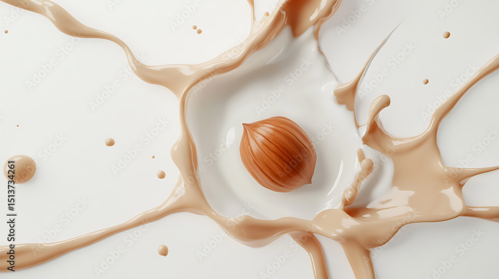 Poster nut splashing into a light-colored creamy liquid, causing a dynamic splash against a stark white bac
