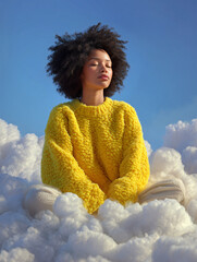 Relaxed Woman with Afro Floating on Cloud – Peaceful and Calm Emotion in Dreamlike Scene