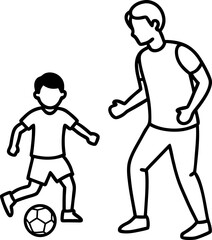 Father and son playing soccer a simple black and white vector illustration depicting active recreation and family bonding