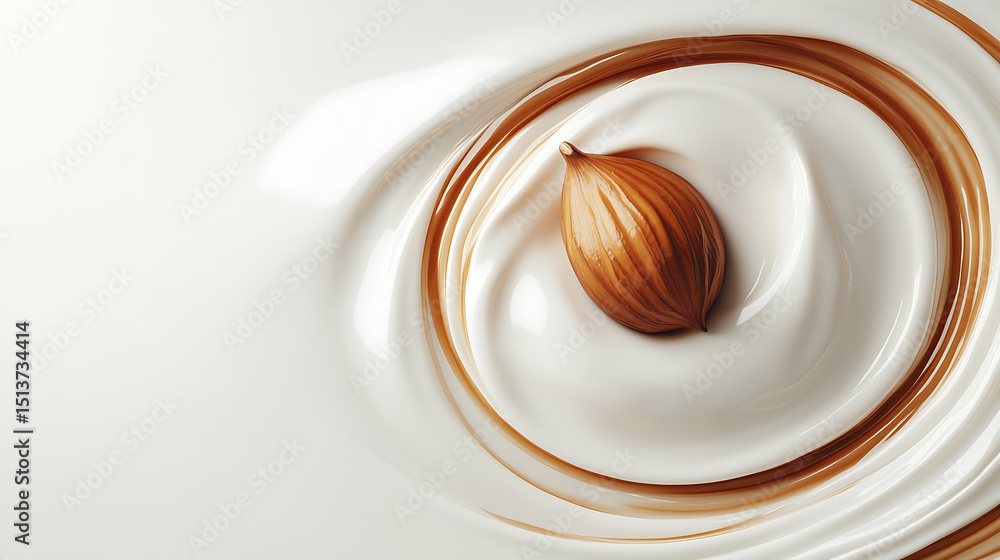 Poster nut in cream swirl: a close-up shot capturing a single nut nestled within a swirling pool of smooth,