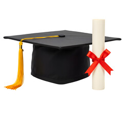 Classic graduation cap with gold tassel and rolled diploma tied with a red ribbon, symbolizing achievement and academic success isolated on white or transparent background. PNG