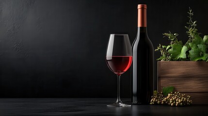 A classy still life featuring a bottle of red wine and a glass, set against a black backdrop, exuding sophistication, warmth, and a luxurious sense of relaxation.