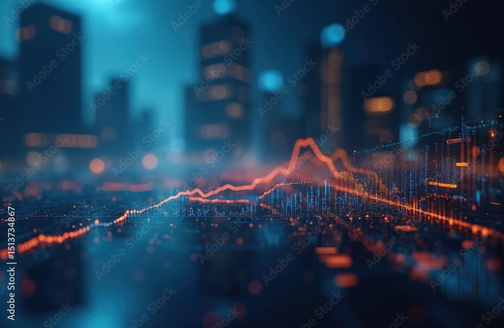 Poster Futuristic illustration financial data analysis with glowing line graphs charts. Blurred city background with digital information, financial growth, economic trends. Tech, business, marketing
