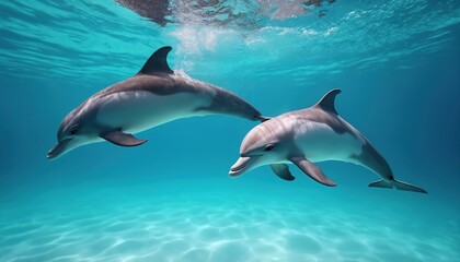 Obraz premium Two dolphins swim gracefully in clear blue water. Marine wildlife underwater, creating scene of beauty and freedom. Playful animals explore sea environment, exploring underwater world with grace.