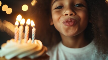 A joyful girl blowing out the candles on a birthday cake, filled with excitement and happiness as the warm glow of candles illuminates her smiling face.