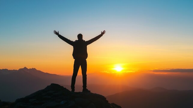 A silhouette of a person standing on a rocky peak with their arms raised, overlooking a stunning sunset over a mountain range.