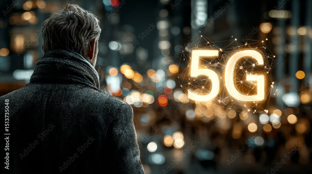 Poster 5g technology: businessman analyzing digital screen of graph data and high-speed connectivity, low l