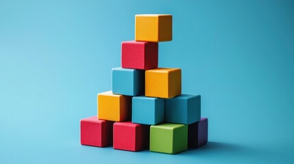 Fototapeta premium A colorful pyramid of wooden blocks on a blue background.