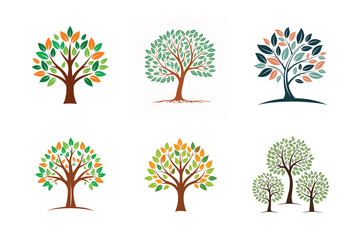 Set of Leafy Trees and Botanical Art, Eco-Friendly Symbols for Corporate Branding