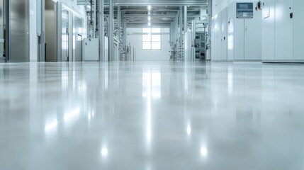 An expansive, minimalistic industrial space with polished floors and bright lighting, creating a clean and contemporary atmosphere, perfect for showcasing modern design.